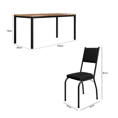 Conjunto de Mesa Retangular com Tampo de MDF Amadeirado e 6 Cadeiras Adriana Revestimento Sintético Preto