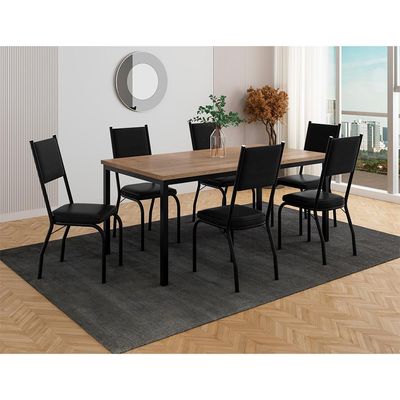 Conjunto de Mesa Retangular com Tampo de MDF Amadeirado e 6 Cadeiras Adriana Revestimento Sintético Preto
