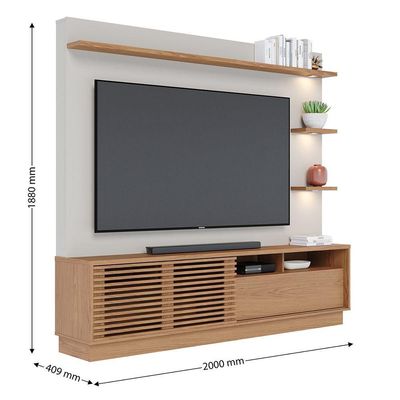 Estante Ripado Home TV Até 70 Pol com Led 200x180cm Campeche Colibri Freijó Off White