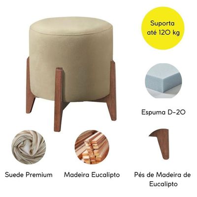 Puff Banqueta Decorativo Redondo Sala Estar Paris Suede bege