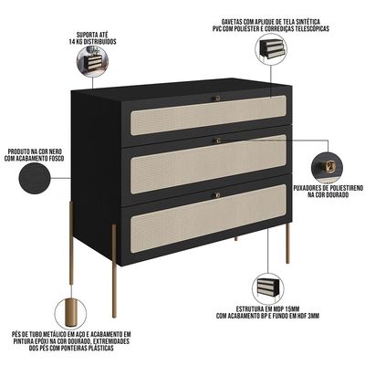 Cômoda Com 03 Gavetas Para Quarto Closet Industrial Indy A03 Nero Dourado - Lyam Decor