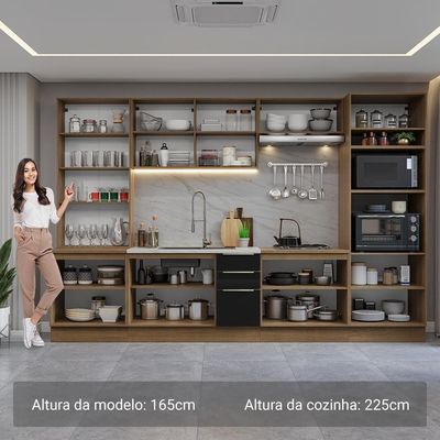 Armário De Cozinha Completa 340cm Rustic/preto Lux Madesa 02 Rustic/preto