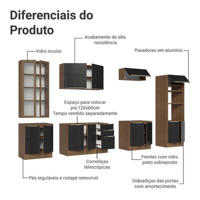 Armário De Cozinha Completa 340cm Rustic/preto Lux Madesa 02 Rustic/preto