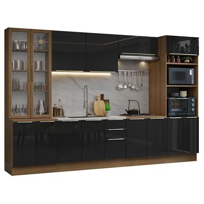 Armário De Cozinha Completa 340cm Rustic/preto Lux Madesa 02 Rustic/preto