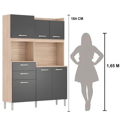Armário Cozinha Compacta 6 Portas 2 Gavetas 1 Espaço Forno Harmonia Avena Grafito Avena