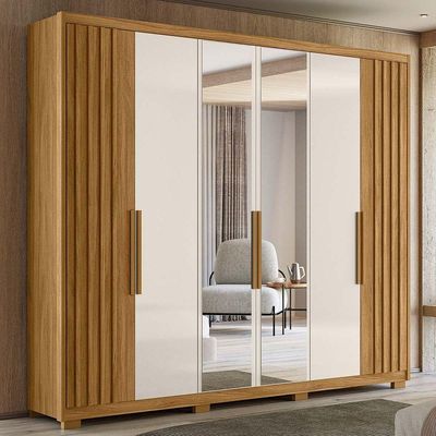 Guarda Roupa Casal Grande com Ripado e Espelho 260x230cm Araguaia Moval Freijó Off White
