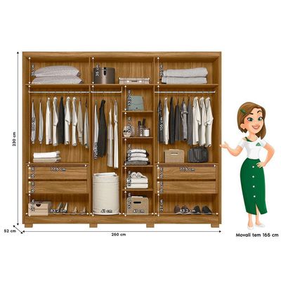 Guarda Roupa Casal Grande com Ripado e Espelho 260x230cm Araguaia Moval Freijó Off White
