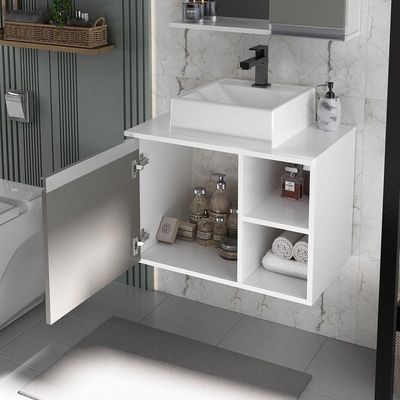 Conjunto Gabinete Banheiro Virtus 60cm - Gabinete + Cuba + Espelheira Branco Cinza
