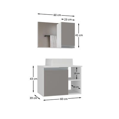 Conjunto Gabinete Banheiro Virtus 60cm - Gabinete + Cuba + Espelheira Branco Cinza