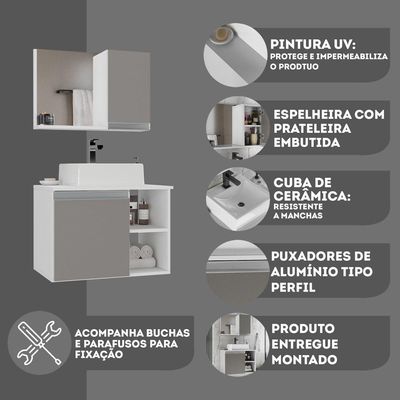 Conjunto Gabinete Banheiro Virtus 60cm - Gabinete + Cuba + Espelheira Branco Cinza