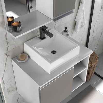 Conjunto Gabinete Banheiro Virtus 60cm - Gabinete + Cuba + Espelheira Branco Cinza