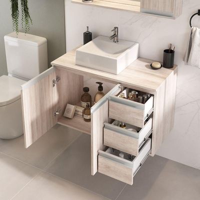 Conjunto Gabinete Banheiro Prisma 80cm Gabinete + Cuba + Espelheira Madeirado Inteiro