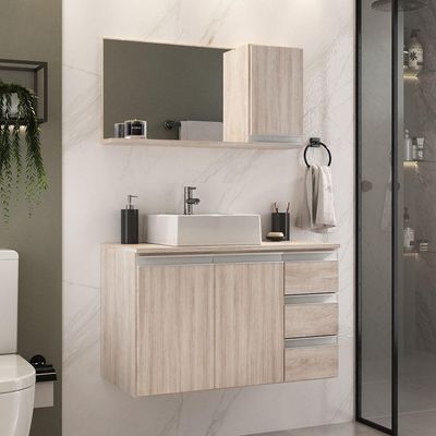 Conjunto Gabinete Banheiro Prisma 80cm Gabinete + Cuba + Espelheira Madeirado Inteiro