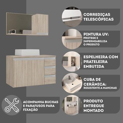 Conjunto Gabinete Banheiro Prisma 80cm Gabinete + Cuba + Espelheira Madeirado Inteiro