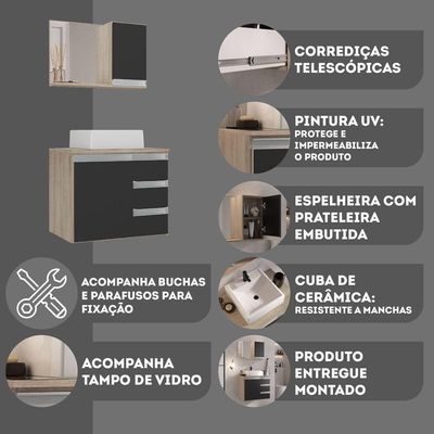 Conjunto Gabinete Banheiro Prisma 60cm Gabinete + Cuba + Espelheira Com Vidro Madeirado Preto