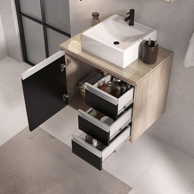 Conjunto Gabinete Banheiro Prisma 60cm Gabinete + Cuba + Espelheira Com Vidro Madeirado Preto