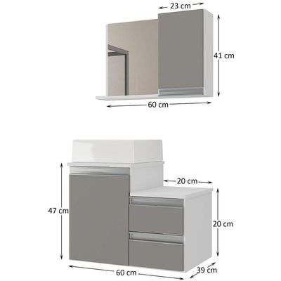 Conjunto Gabinete Banheiro Cross 60 (gabinete+espelheira+cuba) Branco Cinza