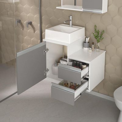 Conjunto Gabinete Banheiro Cross 60 (gabinete+espelheira+cuba) Branco Cinza