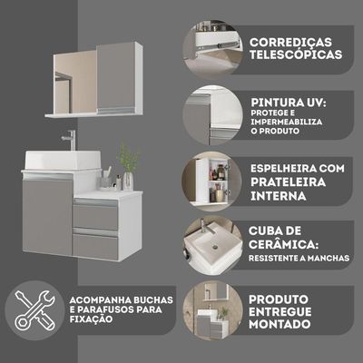 Conjunto Gabinete Banheiro Cross 60 (gabinete+espelheira+cuba) Branco Cinza