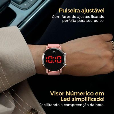 Relogio Digital Feminino Led Redondo Aço Inoxidavel Presente Casual Ajustavel Moda Silicone Original