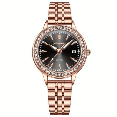 Relógio De Quartzo Elegante Para Mulheres Luxo Com Strass Pulseira De Aço Inoxidável Ouro Rosa Preto