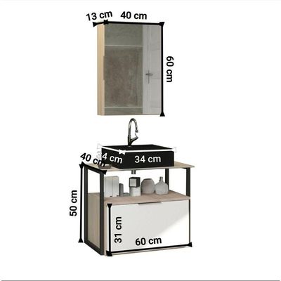 Conjunto Gabinete Urbe 60cm Madeirado Branco Tampo Preto Cuba Preto
