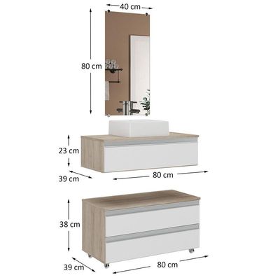 Conjunto De Gabinete Banheiro Creta 80cm (gabinete+cuba+espelheira) Madeirado Branco