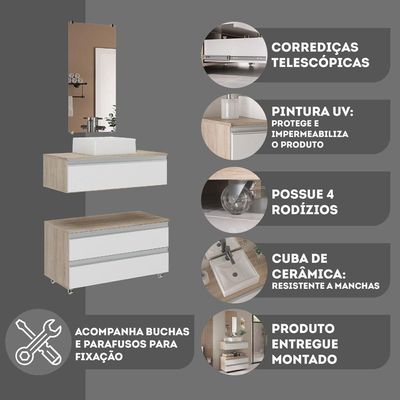 Conjunto De Gabinete Banheiro Creta 80cm (gabinete+cuba+espelheira) Madeirado Branco