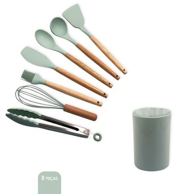 Conjunto De Utensílios De Cozinha Em Silicone 8 Peças, Verde Claro
