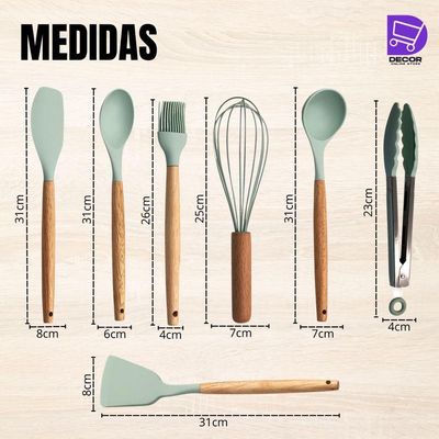 Conjunto De Utensílios De Cozinha Em Silicone 8 Peças, Verde Claro