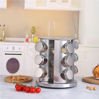 Porta Temperos Com Suporte Inox 12 Frascos De Vidro Com Base Rotatória Para Cozinha