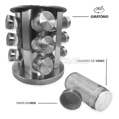 Porta Temperos Com Suporte Inox 12 Frascos De Vidro Com Base Rotatória Para Cozinha