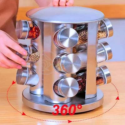 Porta Temperos Com Suporte Inox 12 Frascos De Vidro Com Base Rotatória Para Cozinha