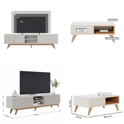 Kit Sala de Estar com Rack TV Ripado com Mesa de Centro Off White Freijó Colibri