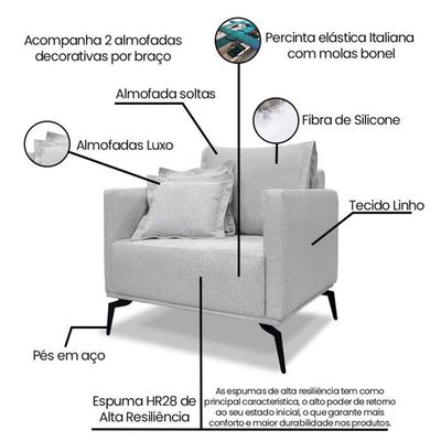Poltrona Decorativa Livorno Linho Com Pés Em Aço SSX Multicoisas Grigio