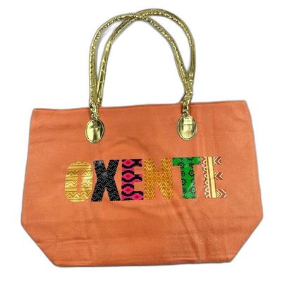 Bolsa De Praia Palha Feminina Com Zíper De Ombro Oxente Sacola Ecobag Tote Juta Com Alça Dourada laranja