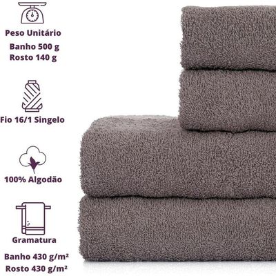Toalhas De Banho 4 Peças 100% Algodão Alta Absorção 2 Banho + 2 Rosto Padrão Hotel pousada Cinza