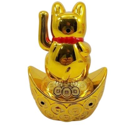 Maneki Neko Gato Da Sorte Dourado Barco 10 Cm Pilha Aaa