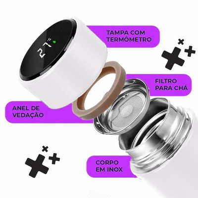 Garrafa Térmica Inteligente De Inox 500ml Tampa C/sensor De Temperatura Led água Café Chá Branco