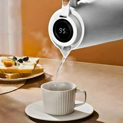 Garrafa Térmica Com Termômetro Cabo Madeira Com Display Digital 1l Branco