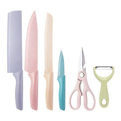 Set de Facas de Cozinha 6 Peças em Aço Inox com Cabos Coloridos, Tesoura e Descascador Inclusos