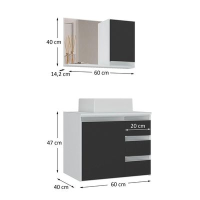 Conjunto Gabinete Banheiro Prisma 60cm Gabinete + Cuba + Espelheira Com Vidro Branco Preto