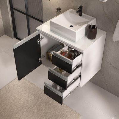 Conjunto Gabinete Banheiro Prisma 60cm Gabinete + Cuba + Espelheira Com Vidro Branco Preto