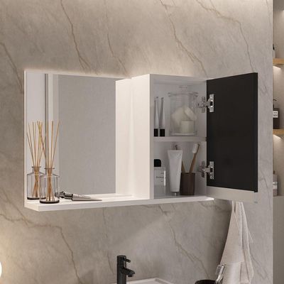 Conjunto Gabinete Banheiro Prisma 60cm Gabinete + Cuba + Espelheira Com Vidro Branco Preto