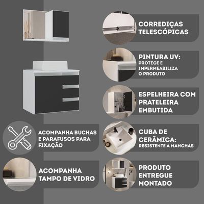 Conjunto Gabinete Banheiro Prisma 60cm Gabinete + Cuba + Espelheira Com Vidro Branco Preto