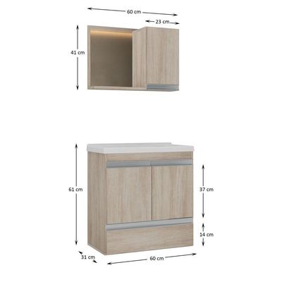 Conjunto Gabinete Banheiro Fox 60cm (gabinete + Cuba + Espelheira) Madeirado Inteiro