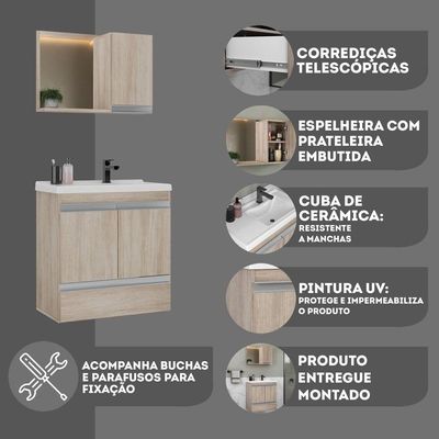 Conjunto Gabinete Banheiro Fox 60cm (gabinete + Cuba + Espelheira) Madeirado Inteiro