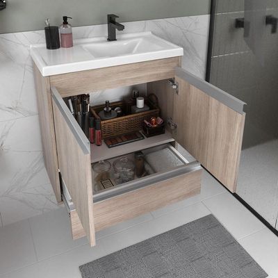 Conjunto Gabinete Banheiro Fox 60cm (gabinete + Cuba + Espelheira) Madeirado Inteiro