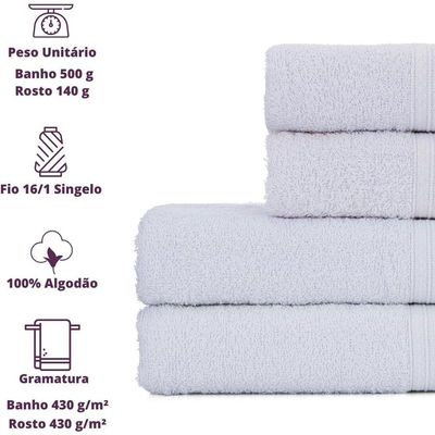 Toalhas De Banho 4 Peças 100% Algodão Alta Absorção 2 Banho 2 Rosto Padrão Hotel pousada Branca