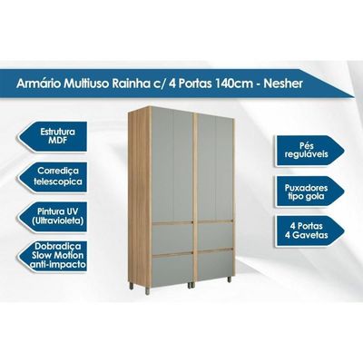 Armário Multiuso Lavanderia Rainha Com 4 Portas E 4 Gavetas 140cm Nature Verde Nesher
